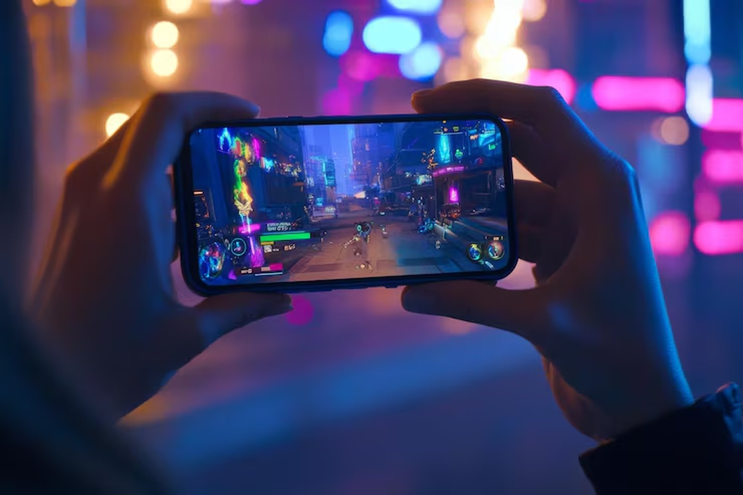 A mobile arcade session on a smartphone at night