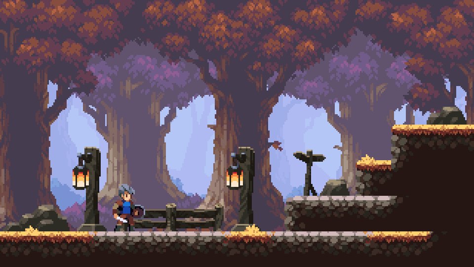 Pixel art action platformer level in an autumn forest