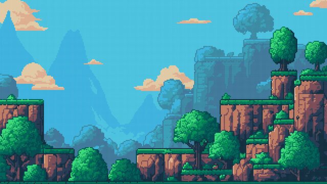 Pixel art platformer level with cliffs and trees